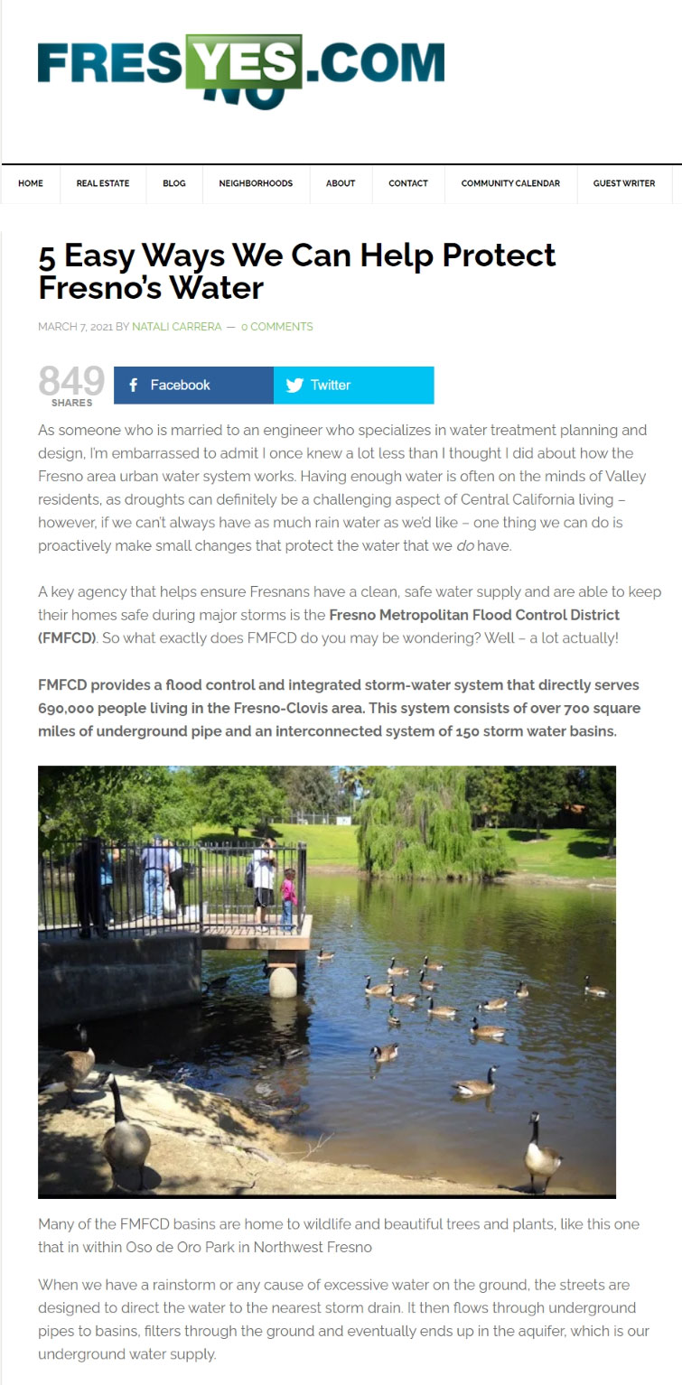 FresYes.com story screenshot highlighting "5 Easy Ways We Can Help Protect Fresno's Water"