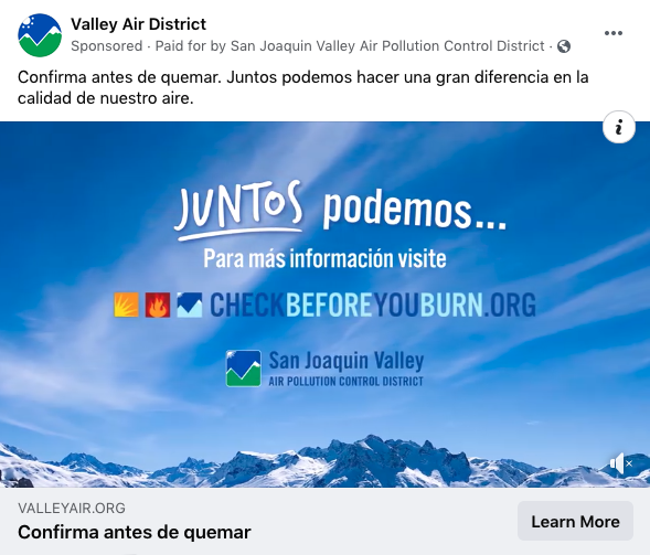 A Spanish version of a Facebook social ad for the Valley Air District's "Check Before You Burn" campaign