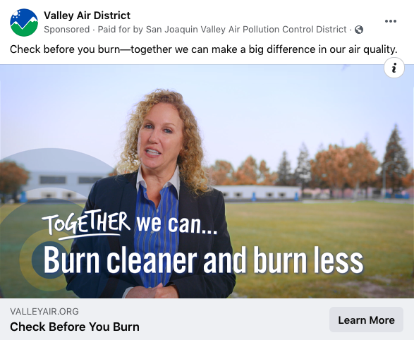 Facebook social ad post screenshot of "Check Before You Burn" messaging