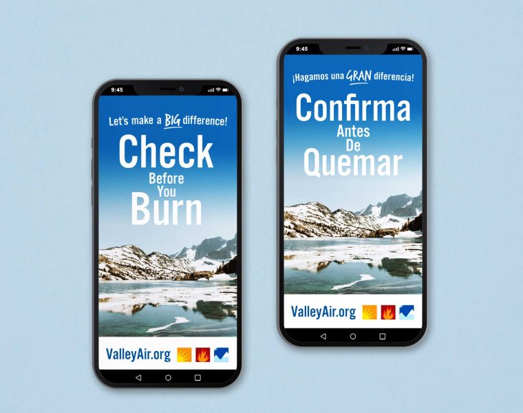 Two smartphones on a light blue background showing mobile versions of the Valley Air District website, one screen in English and the other in Spanish