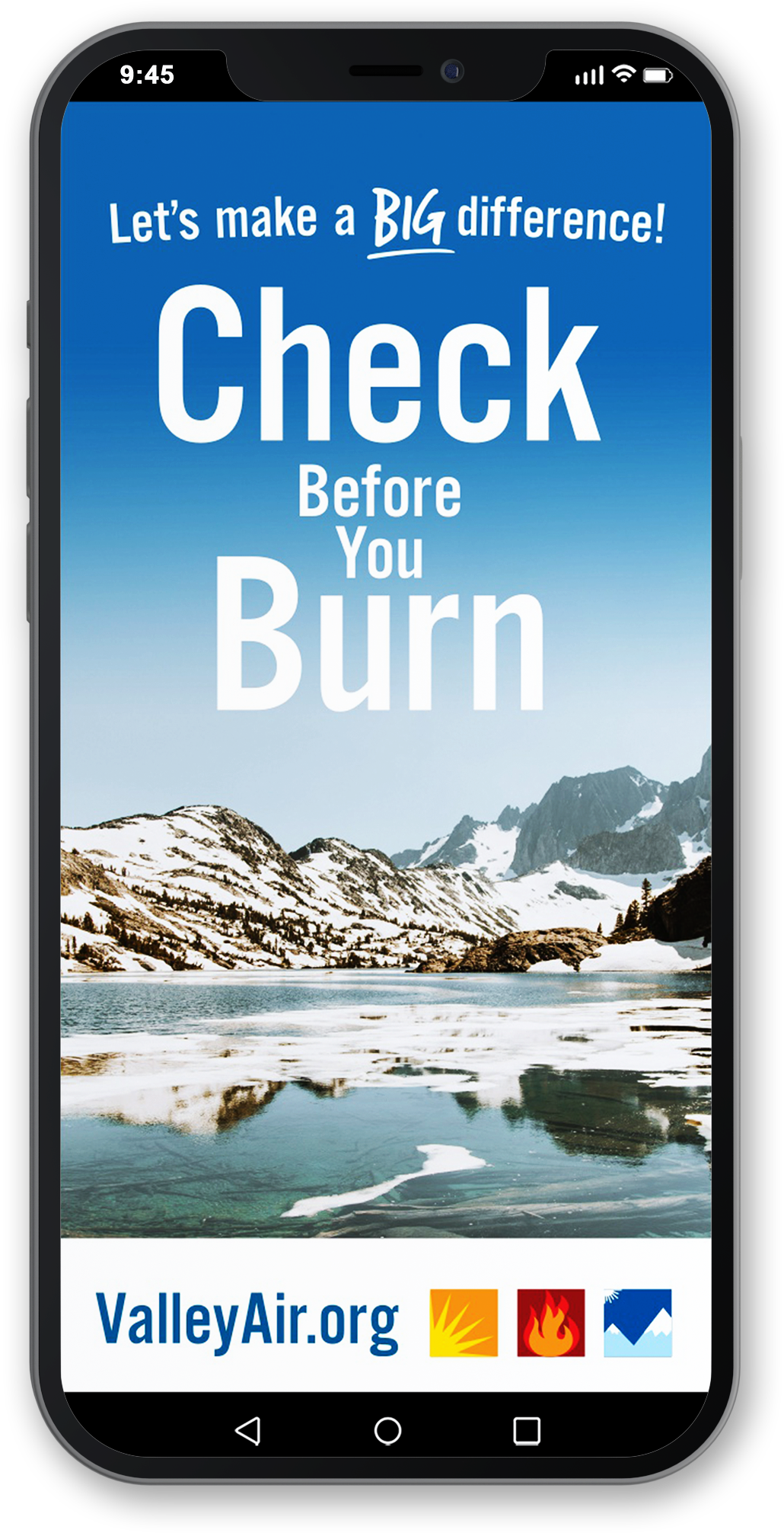 Smartphone on a transparent background showing the Valley Air District's website promoting its Check Before You Burn campaign